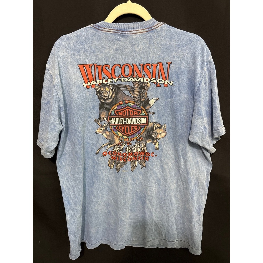 Harley Davidson Henley L Blue Vintage 90s Biker Acid Wash Wisconsin Graphic 1765